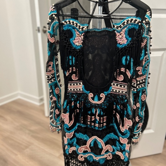 Crochet & Embellished Mesh Black Dress - Picture 3 of 4